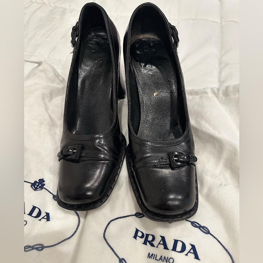 PRADA Black Leather Square Toe Heels Pump Size 36.5 (US 6.5B)